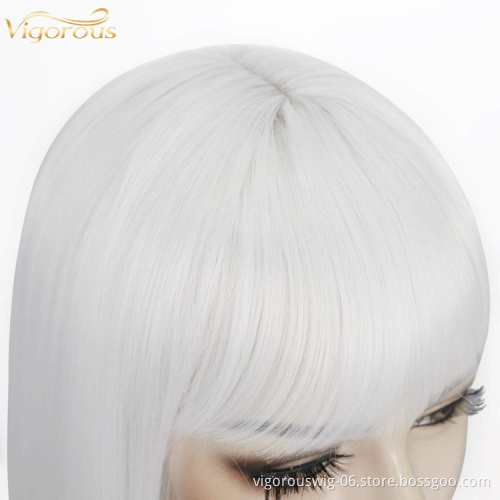 White Synthetic none Lace Front Wig Women's Short Straight Bob Wigs With Neat Tidy Bangs High Temperature Fiber Middle Part